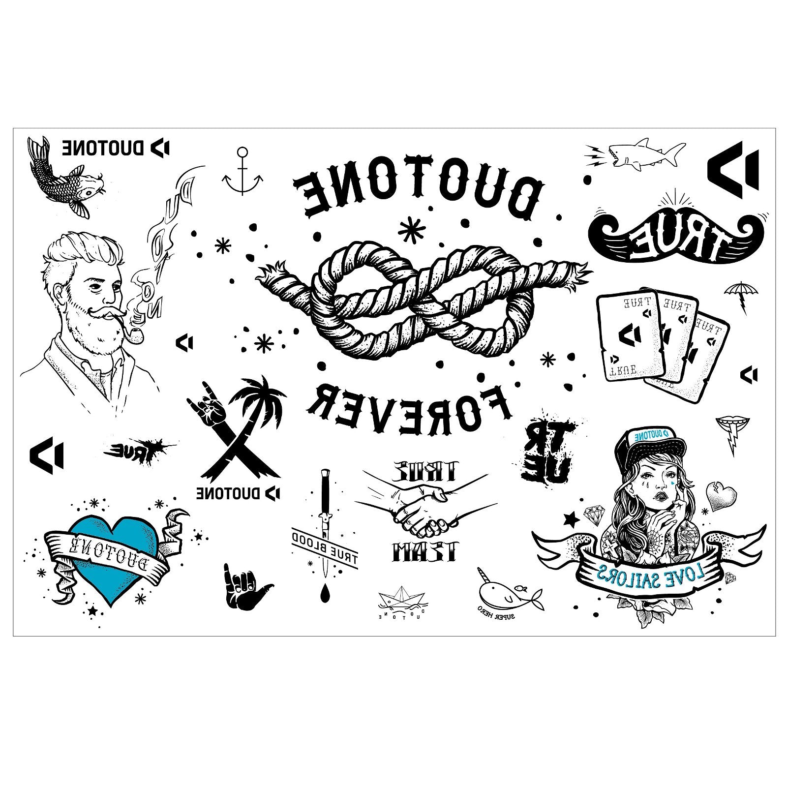 DUOTONE Tattoo Sheet A4 (20pcs) 2024-Duotone Kiteboarding-210x297mm-grey/turquoise-44900-8515-9008415863815-Surf-store.com